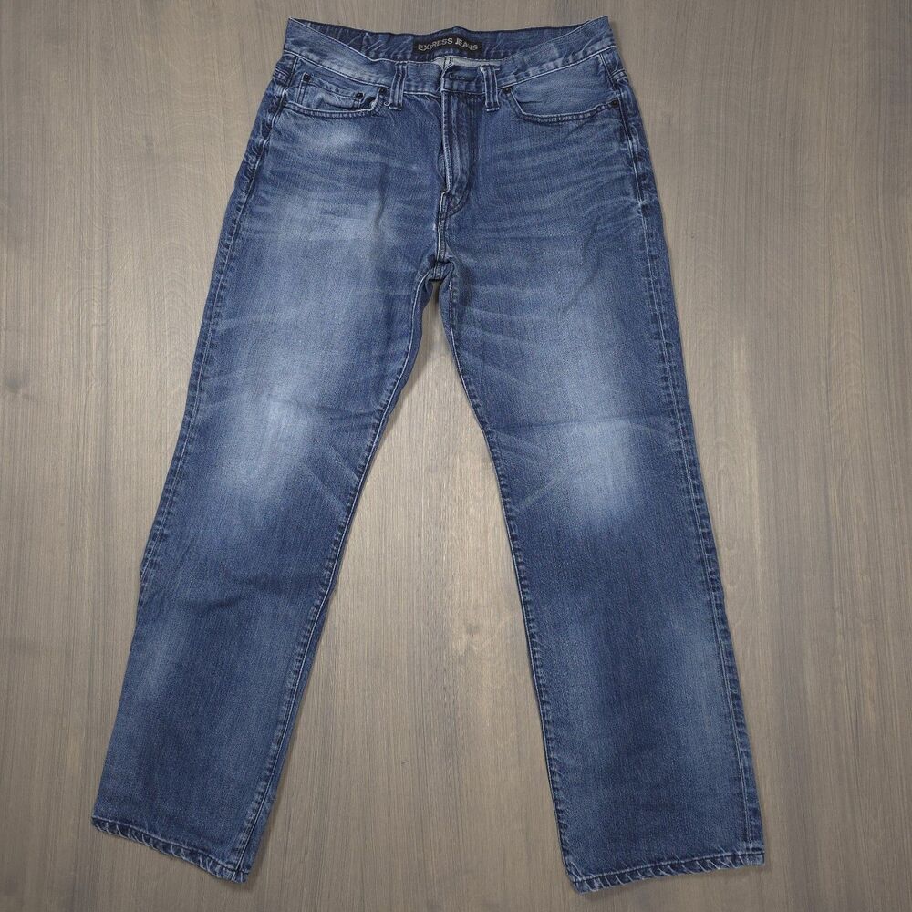 Express Men's Blue Denim Straight Leg Jeans Medium Wash 5-Pocket Button Zip